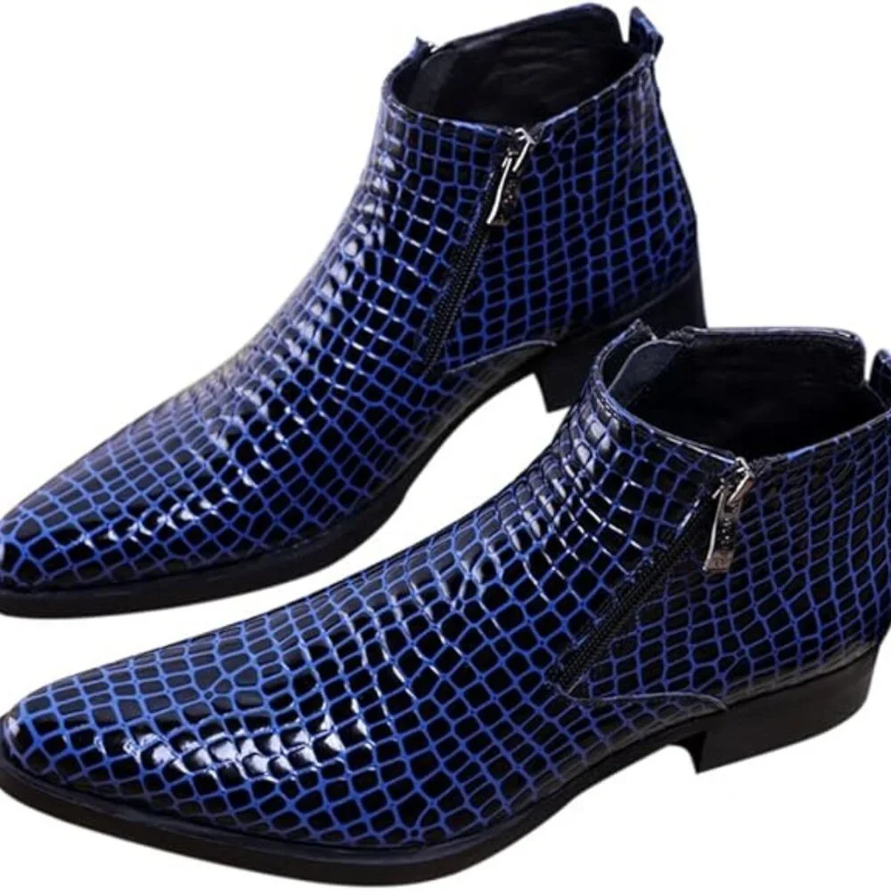 Santimon Men's US 7.5 Blue‎ Alligator Patent Leather Zipper Ankle Boots